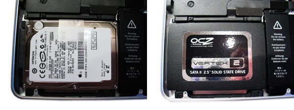 Die Vertex-2-SSD (rechts) ersetzt die bestehende Hitachi-Harddisk (Bild: Uwe Klenner/speicherguide.de).