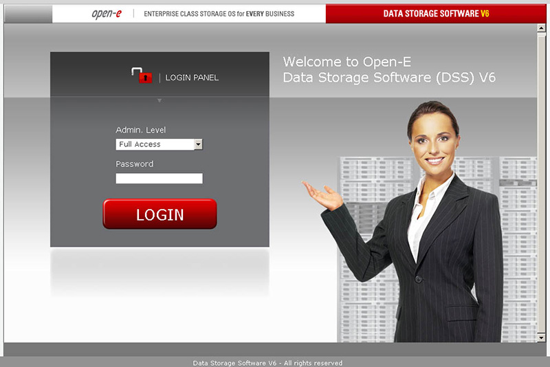 Gefeuert! Open-E hat die Login-Dame aus der DSS-Version 6 entfernt und wartet nun mit einem neutralen Login auf.