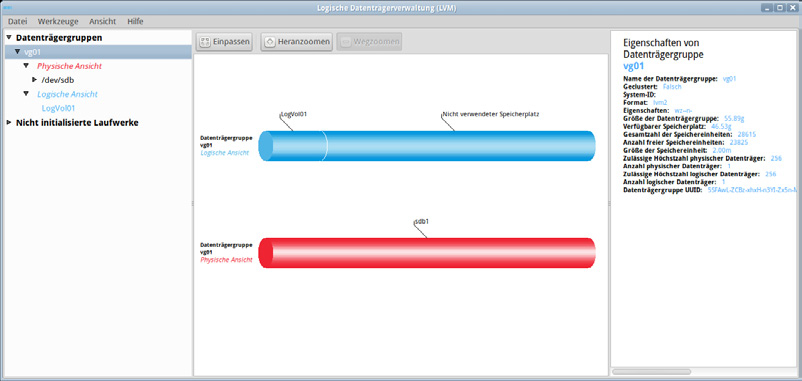 Auf einem Linux-Client oder einem -Server mit X-GUI kann der Verwalter den LVM grafisch konfigurieren.