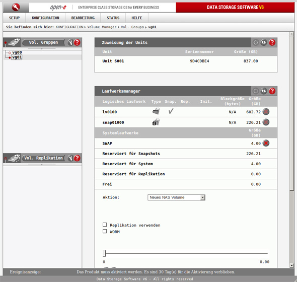 Der Volume-Manger verwaltet die Speicher-Ressourcen und erstellt NAS-Volumen oder Block-Devices für iSCSI und FC.