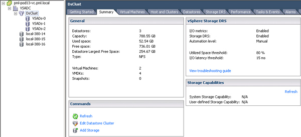 Bild 2. Ein Blick auf einen Datastore Cluster, wie Vmware ihn beim Einsatz von Storage DRS definiert: Diese Ansicht zeigt drei NFS-Speicher, die zu einem Datastore Cluster zusammengefasst wurde, so dass auf ihnen die entsprechenden Load-Balancing-Optionen eingesetzt werden können (Quelle: Vmware).