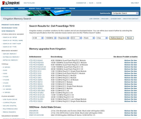 Bild 1. Auswählen der passenden Module auf der Website von Kingston Quelle: Kingston
