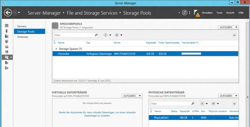 Im Server-Manager finden sich die nötigen Aktionen für die Storage Spaces.