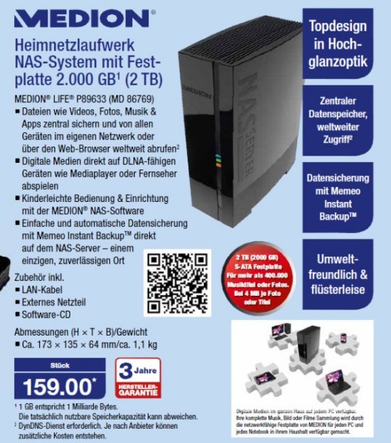 Bei Aldi Nord ab 27. September 2012: 2-TByte-NAS-System für 159 Euro (Bild: Aldi Nord)