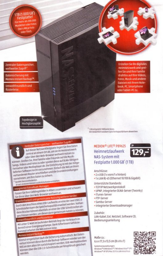 Bei Aldi Süd ab 27. September 2012: 1-TByte-NAS-System für 129 Euro (Bild: Aldi Süd)