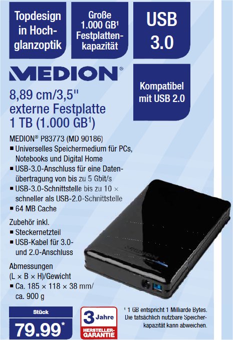 Externes 1-TByte-Festplattenlaufwerk »Medion P83773« für 79,99 Euro (Bild: Aldi Nord)