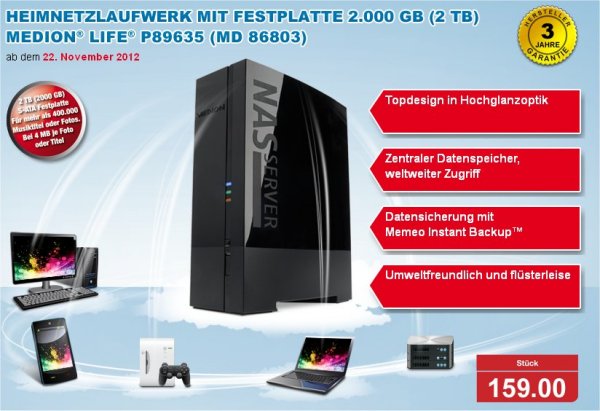 Bei Aldi Nord ab 22. November 2012: 2-TByte-NAS-System für 159 Euro (Bild: Aldi Nord)