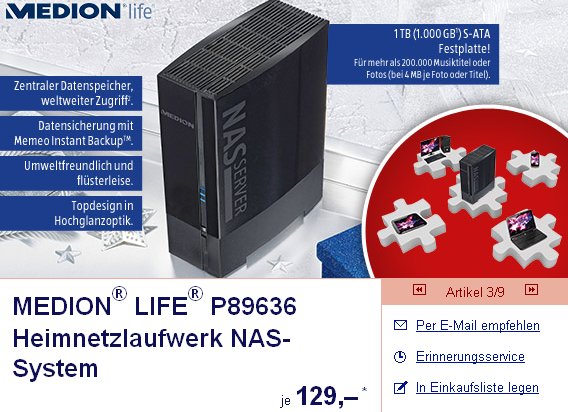 Ab 22.11.12: 1-TByte-NAS »Medion P89636« für 129 Euro (Bild: Aldi Süd)