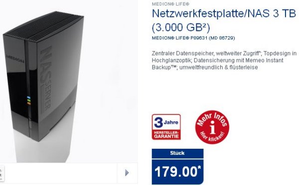 3-TByte-NAS-Festplatte »Medion Life P89631« für 179 Euro (Bild: Aldi Nord)