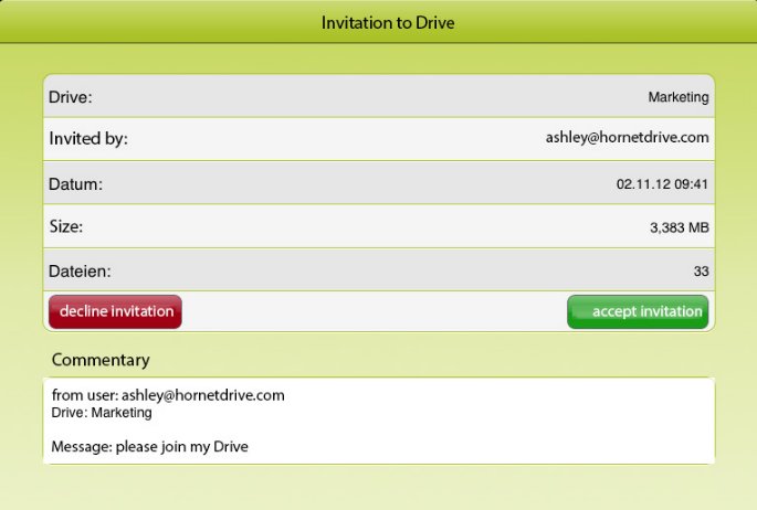 So sieht eine Einladung zu Hornetdrive auf dem iPad aus (Bild: Antispameurope)