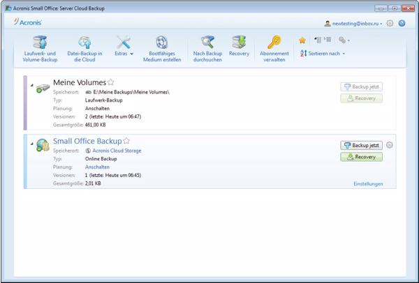 Screen von »Acronis Small Office: Server Cloud Backup« (Bild: Acronis)