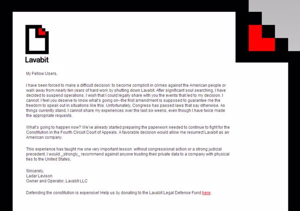 Brief von Lavabit-CEO Ladar Levison (Quelle: lavabit.com vom 9.8.2013)