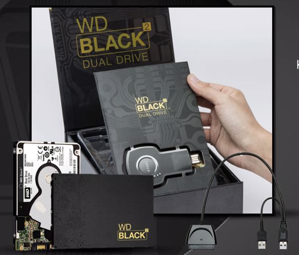 Lieferumfang des »WD Black2 Dual Drive«: Laufwerk, USB-Stick mit Software, SATA-to-USB-3.0-Adapter-Kabel, Installationsanleitung, Garantiekarte (Bild: WD).