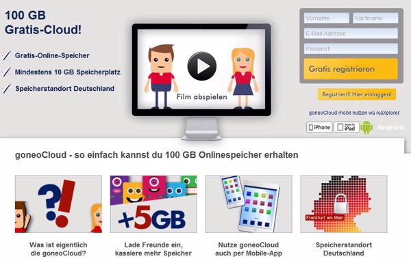 Goneocloud: bis zu 100 GByte kostenlosen Cloud-Storage (Bild: Goneo Internet)