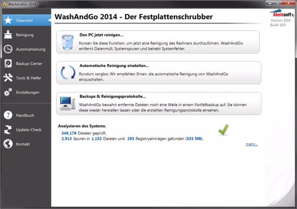 »WashAndGo 2014« befreit Festplatten von Windows-Datenmüll (Bild: Abelssoft)