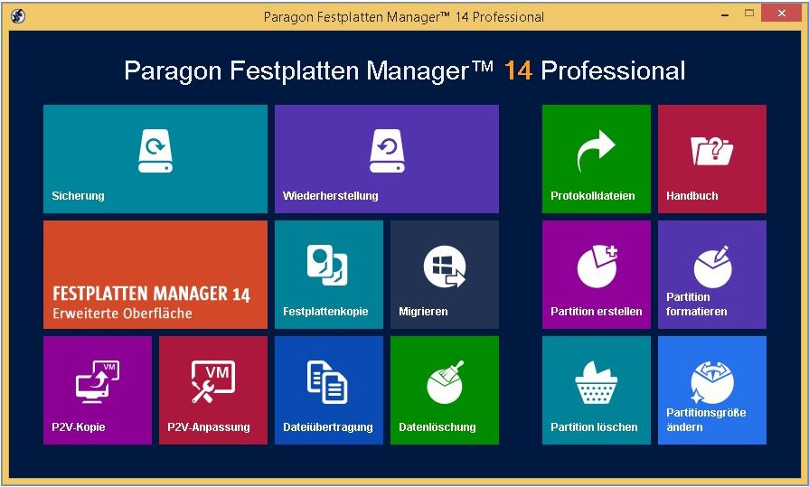 Windows-8-Oberfläche für neue »Festplatten Manager«-Versionen (Bild: Paragon Software)