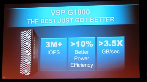 Das einzige Slide mit Hardware-Specs während der Präsentation der »Hitachi VSP G1000« (Bild: speicherguide.de)