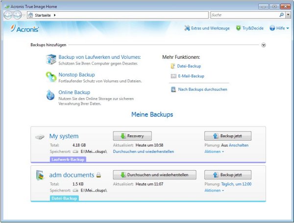 Acronis »True Image Home 2011 Family Pack« Bediener-Oberläche