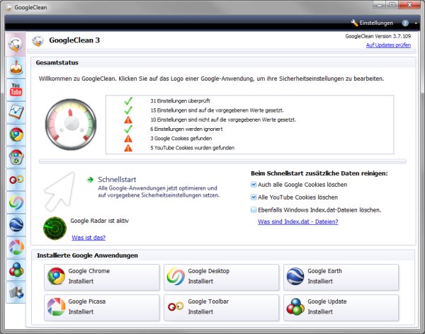 Der Startbildschirm von »GoogleClean 3.7« (Bild: Abelssoft)