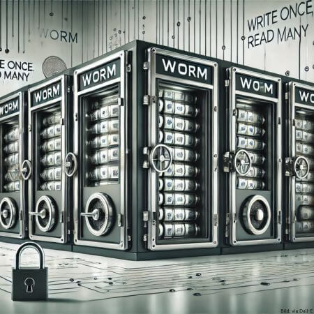 WORM: Daten lassen sich nach dem ersten Schreiben nicht mehr verändert oder löschen. Damit eignet sich die Technologie unter anderem für Compliance- und Archivierungsszenarien, wo die Unveränderlichkeit der Daten von entscheidender Bedeutung ist. (Dall-E)