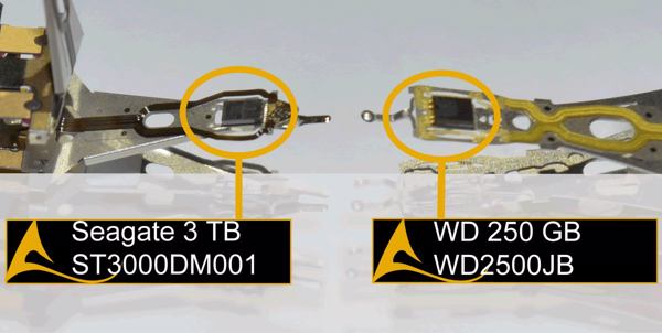 Nur marginale Unterschiede beim Schreib-Lese-Kopf einer moderneren Seagate-Festplatte und einer etwas älteren WD-Festplatte (Bild: Kuert Datenrettung)