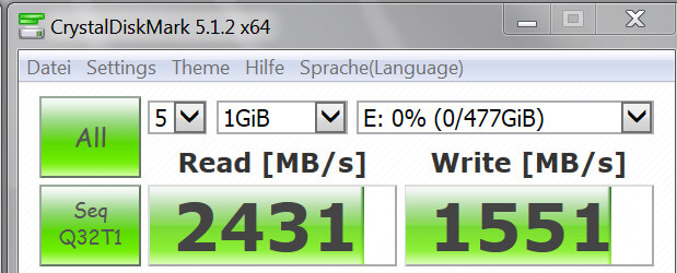 Die M.2-SSDs OCZ RD400 schafft im CrystalDiskBenchmark sequentiell lesend über 2.400 MByte/s und schreibend mehr als 1.500 MByte/s.