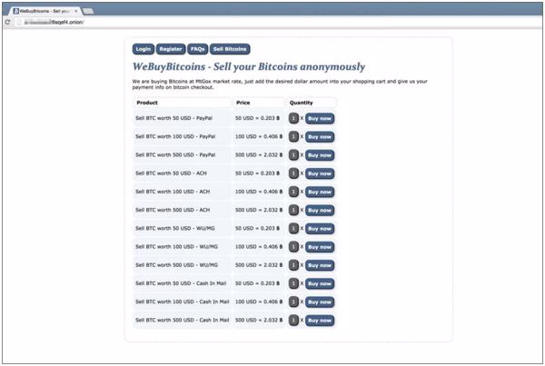 »WeBuyBitcoins«, ein Service im Darkweb, der Cash umtauscht oder eine elektronische Bezahlmöglichkeit für Bitcoins anbietet (Bild: Trend Micro)