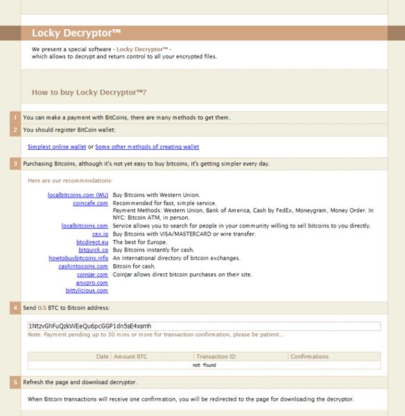 Bitte 0,5 Bitcoins zahlen: Wenn Sie diesen Bildschirm sehen, dann haben Sie sich »Locky« eingefangen (Bild: Ikarus Security Software)