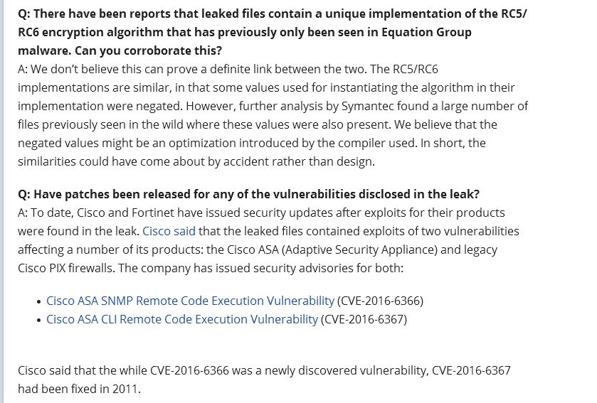 Auszug aus dem Blogpost und der Q&A-Liste von Symantec zum »Shadow Brokers«-Fall