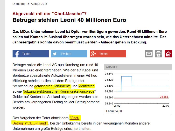 Mit einer Phishing-E-Mail fängt ein »CEO-Fraud« an, in diesem Fall ein sehr erfolgreicher, der bei Leoni einen Schaden von 40 Millionen Euro verursachte (Bild: ntv)