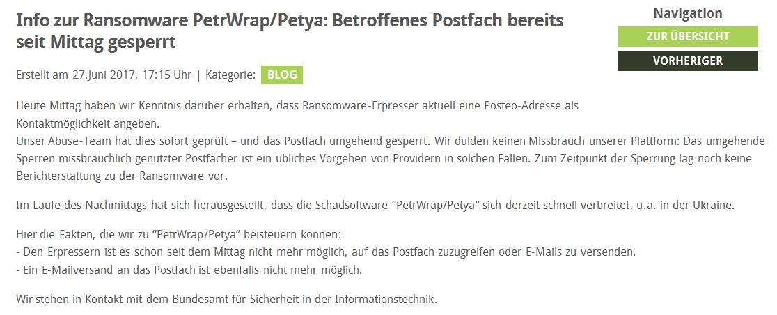 Blog von Posteo.net, dass die E-Mail des Erpressers deaktiviert wurde (Bild: Posteo.net)