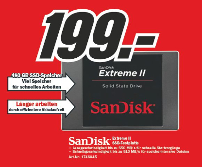 Sandisk »Extreme II« mit 480 GByte im Media Markt Flyer vom 02.07.2014 (Bild: Media Markt).