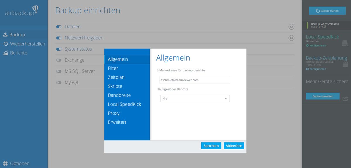 Optionen beim Backup einrichten von »airbackup« (Bild: Teamviewer)