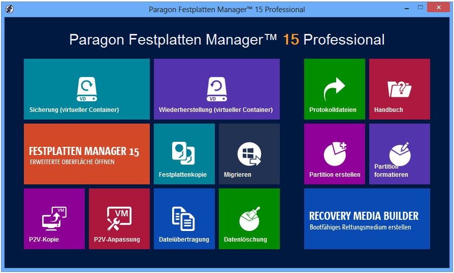 Startmenü des »Festplatten Manager 15 Professional« (Bild: Paragon Software)