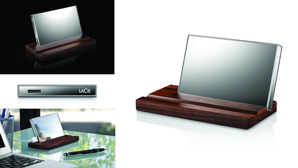 Externe Festplatte »LaCie Mirror« mit Halterung aus Makassar-Ebenholz (Bild: Seagate)