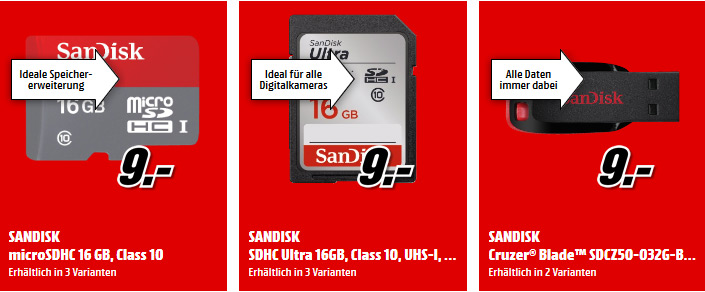 Sandisk: USB-Sticks und SD-Karten ab 9 Euro.