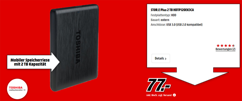 Der Media Markt verkauft die Toshiba »STOR.E Plus 2 TB HDTP120EK3CA« für 77 Euro.