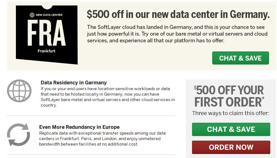 500-US-Dollar-Gutschrift im Frankfurter Softlayer-Rechenzentrum für den ersten Nutzungsmonat (Bild: Softlayer)