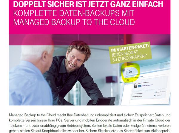 Telekom-Flyer (Ausschnitt) von »Managed Backup to the Cloud« mit Ctera-Logo