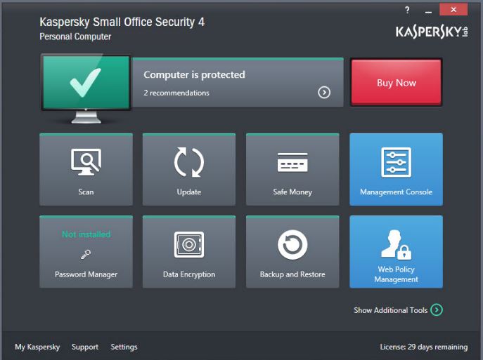 Dashboard von »Kaspersky Small Office Security 4« (Bild: Kaspersky Lab)