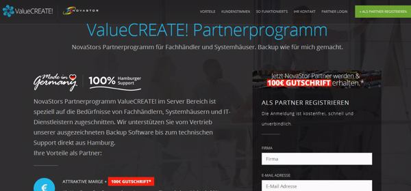 Website für das »ValueCreate!«-Partnerprogramm (Bild: Novastor)