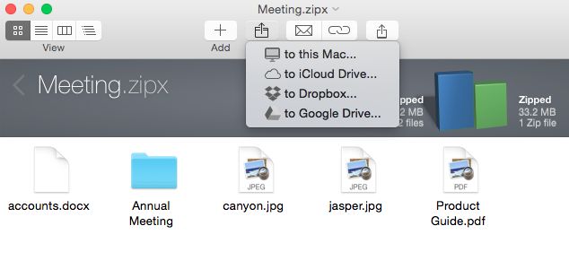 File-Sharing mit iCloud Drive, Zipshare, Google Drive und Dropbox (Bild: Winzip)