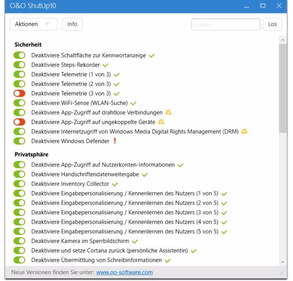 Eher für etwas erfahrenere Nutzer: Selektives Deaktivieren der Microsoft-Spionage-Einstellungen in Windows 10 (Bild: O&O Software)