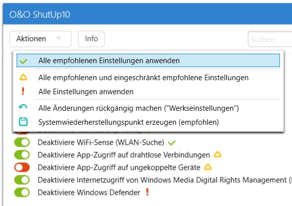 »O&O ShutUp 10« stellt gleich ein ganzes Bündel der Microsoft-Spionage-Einstellungen ab (Bild: O&O Software)