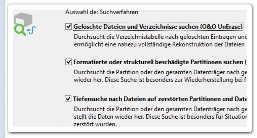 »DiskRecovery 11« verfügt über drei integrierte Suchalgorithmen zur optimierten Suche gelöschter Dateien (Bild: O&O Software)