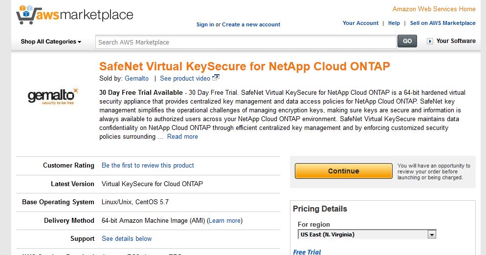 »SafeNet Virtual KeySecure for NetApp Cloud ONTAP« von Gemalto auf dem Amazon-AWS-Marktplatz (Bild: AWS)