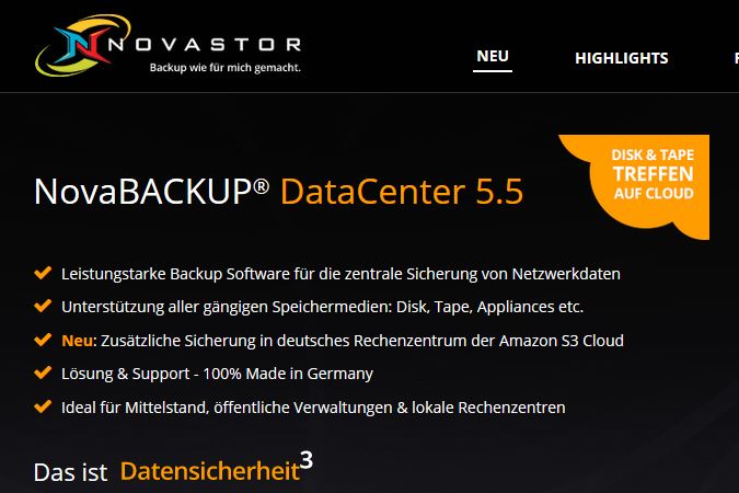 »NovaBackup DataCenter 5.5« sichert Daten zusätzlich in die Amazon-S3-Cloud mit Standort Deutschland (Bild: Novastor)