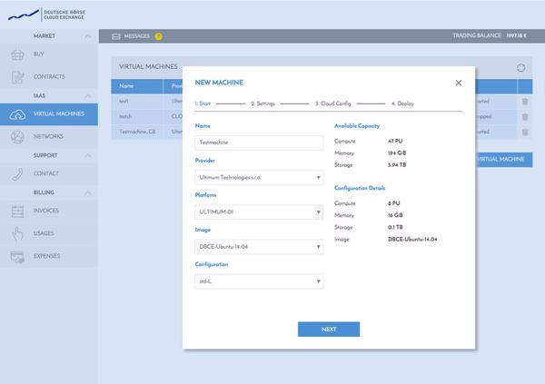 So ließ sich eine virtuelle Maschine (VM) buchen und auf dem Cloud-Marktplatz DCBE starten (Bild: Deutsche Börse Cloud Exchange)