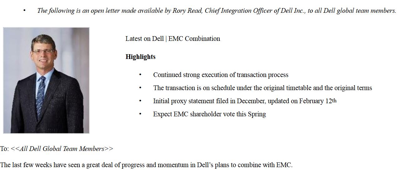 Brief (Auszug) an die Dell-Mitarbeiter von Rory Read, Chief Integration Officer von Dell (Bild: SEC)