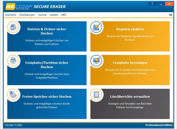 Startbildschirm von »Secure Eraser 5.0« (Bild: Ascomp Software)